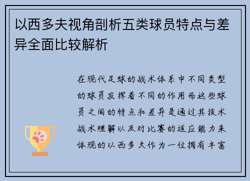 以西多夫视角剖析五类球员特点与差异全面比较解析