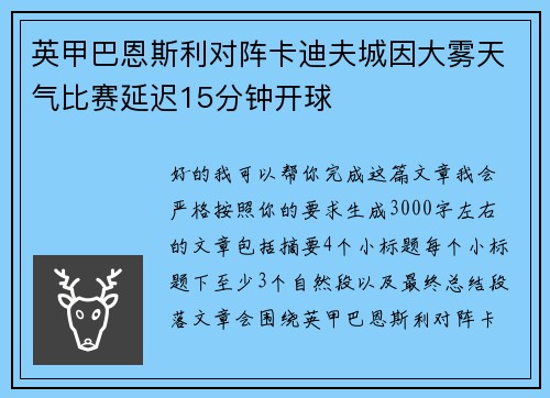 英甲巴恩斯利对阵卡迪夫城因大雾天气比赛延迟15分钟开球